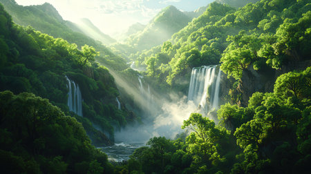 Waterfall in the deep forest. The concept of active and extreme tourismの素材