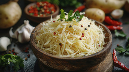 Grated potato in wooden bowl and ingredients on dark background, closeupの素材