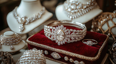 wedding rings on a red velvet box with jewelry. close upの素材