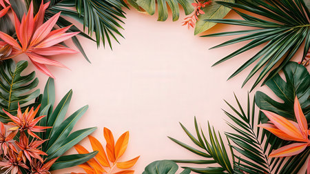 Tropical palm leaves and exotic flowers on pastel pink background. Flat lay, top view, copy spaceの素材