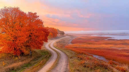 Colorful autumn landscape with road and colorful trees on the shore.の素材
