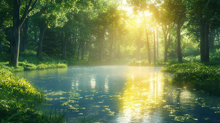 Sunset on the river in the summer forest. Nature composition.の素材