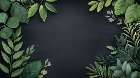 Frame of green leaves on black background. Realistic vector illustration.の素材