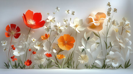 3d rendering of red and orange flowers on a white background.の素材