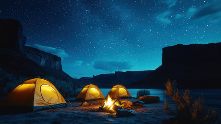 Camping in the mountains at night with a bonfire and a tentの素材