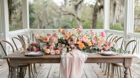 Table set for an event party or wedding reception with flowers and candlesの素材