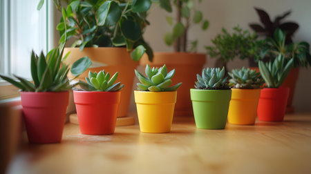 Miniature succulent plants in colorful pots on wooden table at homeの素材