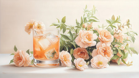 Cocktail with ice cubes and flowers on a light background.の素材