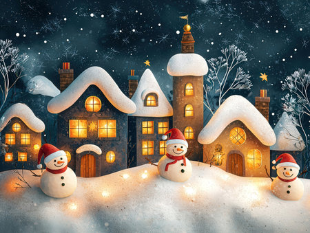 Snowman in front of the house. Christmas background. 3D illustration.の素材