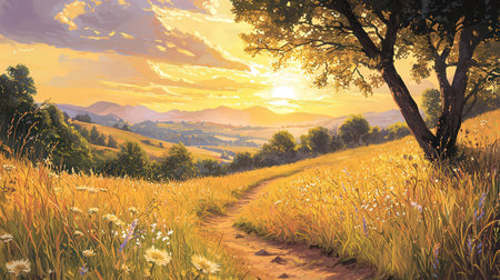 Digital painting of a path in the meadow with dandelionsの素材