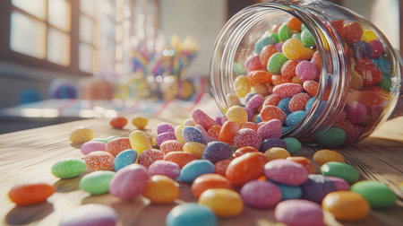 Colorful candies in glass jar on wooden table, shallow depth of fieldの素材