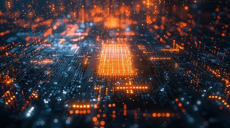 Circuit board with microchips and lights, 3d renderingの素材