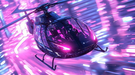 Helicopter in the futuristic space. 3D rendering. Neon lights.の素材