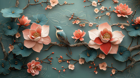 Spring flowers and birds on blue background. Paper art style. 3D renderingの素材