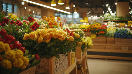 Bouquet of yellow and red flowers in a basket in a flower shopの素材