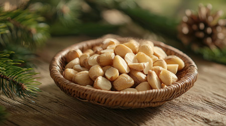 Bowl with pine nuts on wooden table, closeup. Healthy snackの素材
