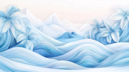 Abstract background with blue waves and flowers. 3d vector illustration.の素材