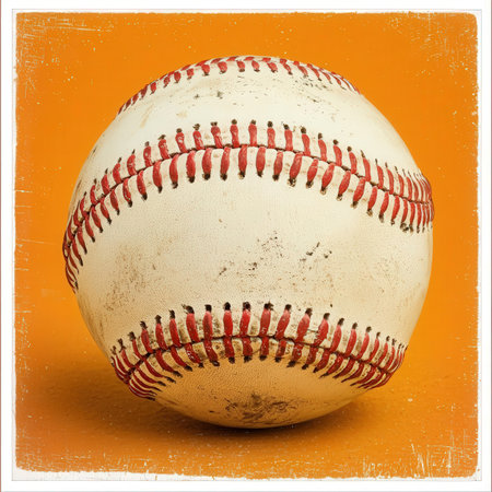 Old Baseball on an orange background with space for text or image.の素材