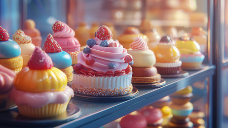 Colorful cupcakes on a shelf in a shop window. Toned.の素材