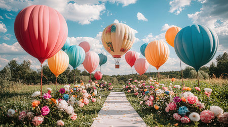 Colorful hot air balloons flying over blooming field in summer.の素材