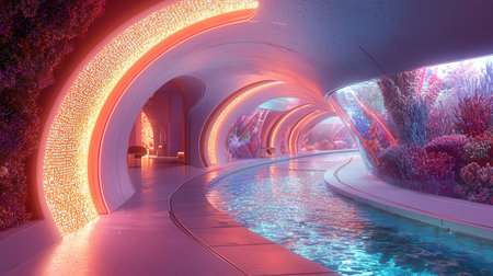 3d illustration of futuristic corridor with neon lights and swimming pool.の素材
