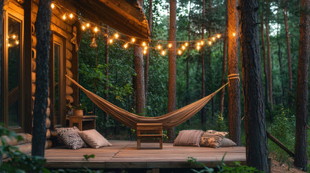 Wooden terrace with a hammock in the forest at nightの素材