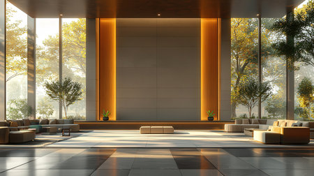 3d rendering of modern office waiting room with big windows and plantsの素材