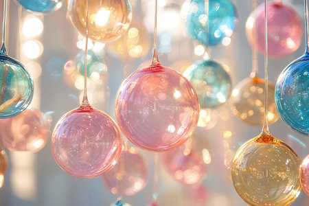 Colorful christmas balls hanging on a string. Christmas decoration.の素材