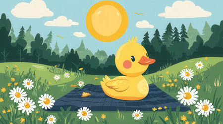 Vector illustration of a cute yellow duckling on a picnic blanket in the meadow.の素材