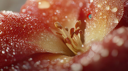 Macro of a red rose with water droplets on the petalsの素材