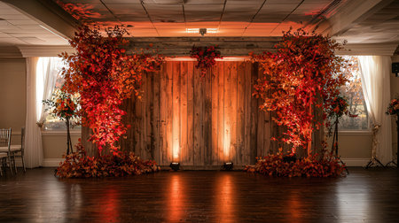Interior of a restaurant with wooden walls and red autumn leaves.の素材