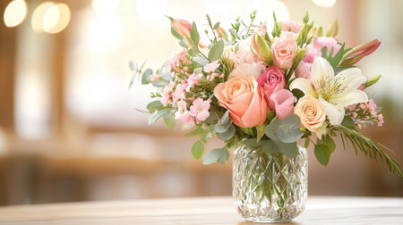 Bouquet of beautiful flowers in vase on table in cafeの素材