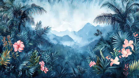 Tropical landscape with palm trees and flowers. Watercolor illustration.の素材