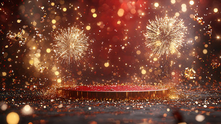 Podium for product display with fireworks on background. 3D renderingの素材