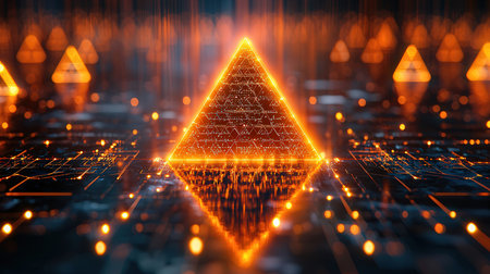 3D rendering of a hologram of a neon pyramid on the background of an electronic circuit.の素材