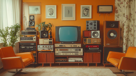 Retro interior of a living room with old-fashioned audio equipmentの素材