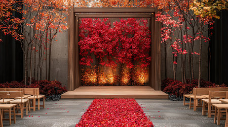 Wooden door with red leaves in the garden. 3d renderingの素材