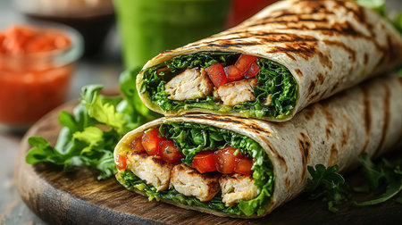 Delicious chicken kebab with vegetables on wooden board, closeupの素材