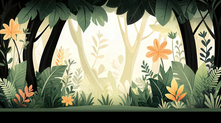 Tropical jungle background with plants and flowers. Vector illustration.の素材