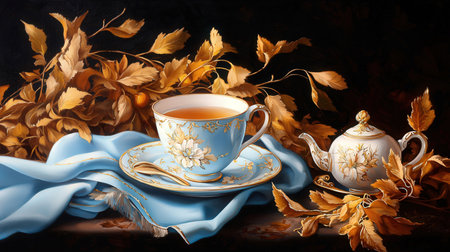 Still life with cup of tea and teapot on a background of autumn leavesの素材