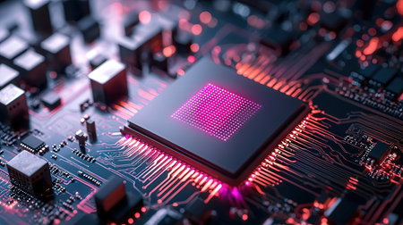 Close-up of electronic circuit board. Technology background. 3D Renderingの素材