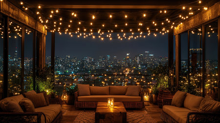 Luxury living room with view of the city at night.の素材