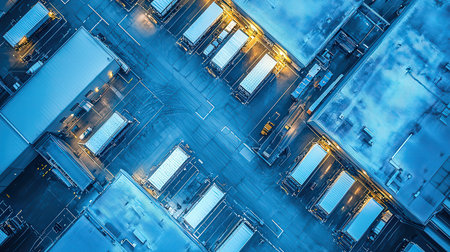 Aerial view of container cargo freight ship with freight containers for transportation of bulk cargo by ship cranes and grabs. Industrial backgroundの素材