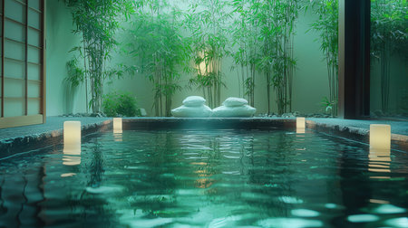 3d rendering of a spa room with a lot of green plantsの素材