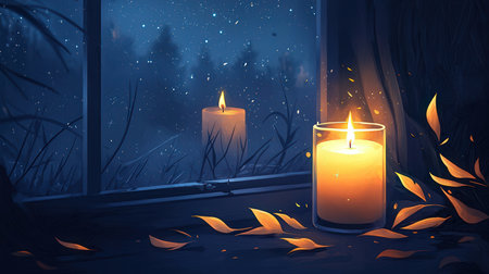 Burning candle in front of the window in the autumn forest.の素材