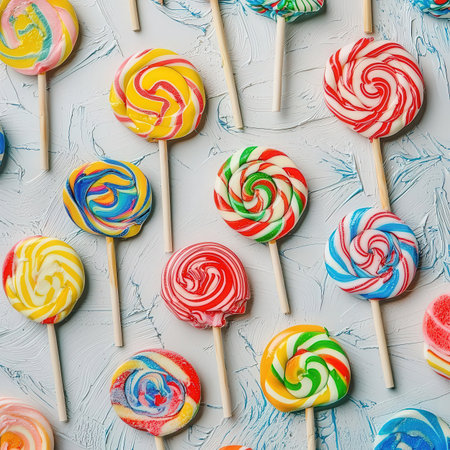 Colorful lollipops on white background. Flat lay, top view.の素材
