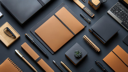 Top view of office stationery on black background. Flat lay.の素材