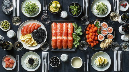 Japanese food on a black background. Sushi, rolls, caviar, fish, caviar.の素材