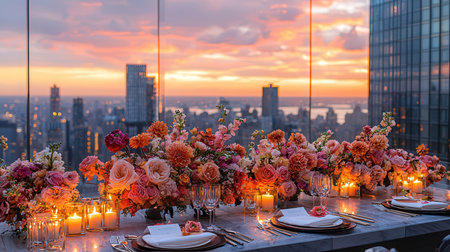 Wedding table setting with flowers and candles on the background of the cityの素材
