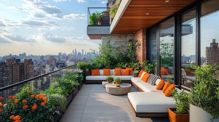Outdoor terrace with sofa, pillows and flowers in New Yorkの素材